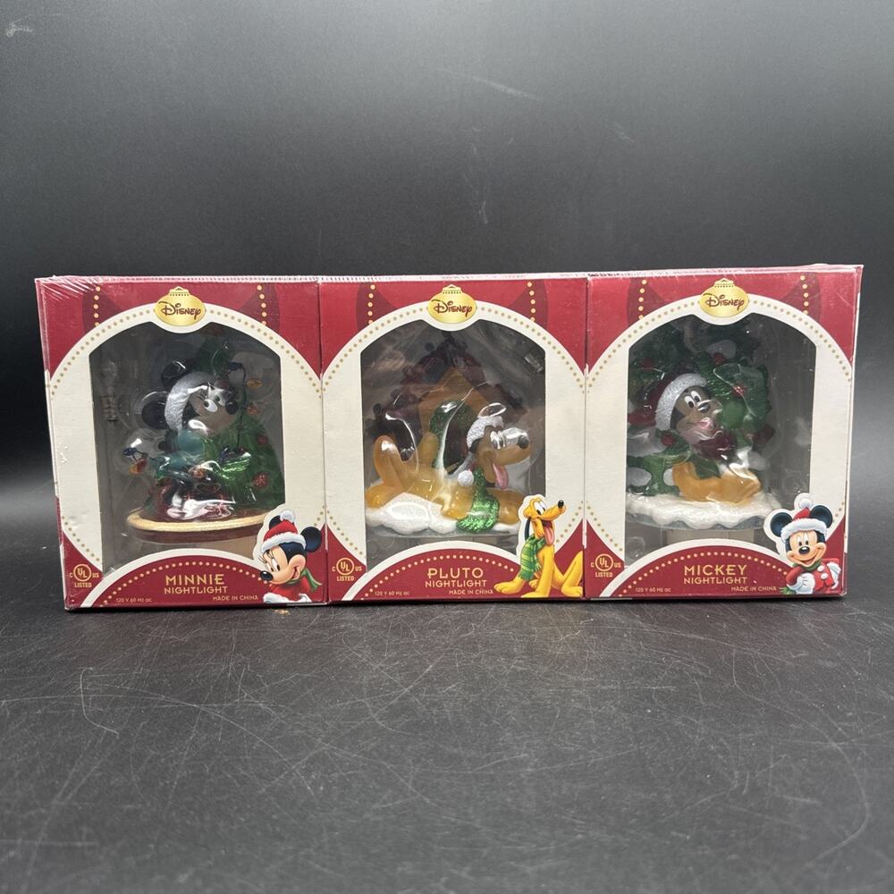 Disney Mickey & Friends Christmas Nightlights Mickey Minnie Pluto Set of 3 NEW